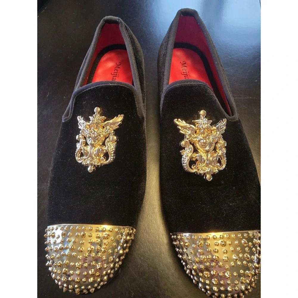 Meijiana Men's Black Velvet Gold Studded‎ Slip-On Loafer Dress Shoes 7M